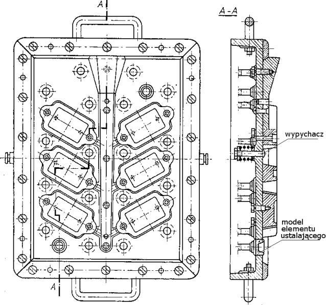 Przykładowe zadanie 7. Jaki typ oprzyrządowania metalowego przedstawiono na rysunku? A. Część kokili z pionową płaszczyzną podziału. B. Część matrycy do wytwarzania modeli wytapianych. C. Płytę modelową do wykonania formy skorupowej do zalewania pionowego.
