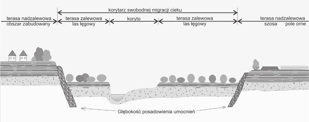 136 ponoszenia kosztów wykonania i utrzymania umocnień brzegów, szczególnie dużych w ich krętych lub meandrowych odcinkach, gdzie zabudowa techniczna brzegów jest łatwo niszczona [Piégay i in., 1997].