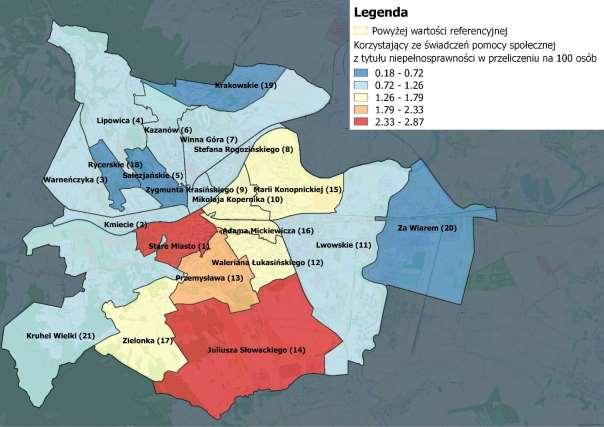 Poziom wskaźnika korelował ze wskaźnikiem udziału osób, które korzystały z pomocy społecznej w ludności ogółem.