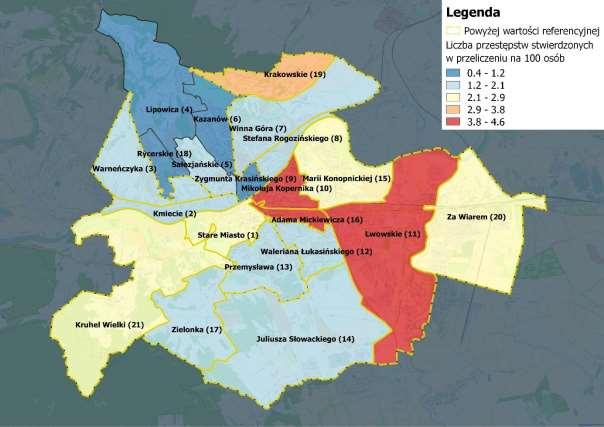 Mapa 10. Prezentacja przestrzenna wskaźnika: Liczba stwierdzonych przestępstw ogółem w przeliczeniu na 100 osób wg faktycznego miejsca zamieszkania [2014 r.