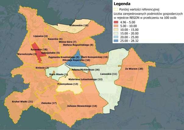Mapa 11. Prezentacja przestrzenna wskaźnika: Liczba zarejestrowanych podmiotów gospodarczych w rejestrze REGON w przeliczeniu na 100 osób [2014 r.