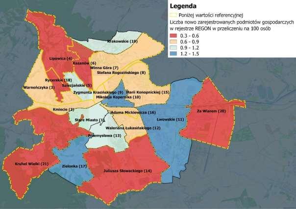 Mapa 12. Prezentacja przestrzenna wskaźnika: Liczba nowo zarejestrowanych podmiotów gospodarczych w rejestrze REGON w przeliczeniu na 100 osób [2014 r.