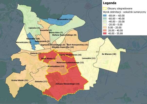 Wynik delimitacji Podsumowanie analizy wskaźnikowej wskazanie obszarów zdegradowanych Przyjęta na potrzeby badania metodyka, dzięki zastosowaniu wskaźnika sumarycznego (indeksu zbiorczego)