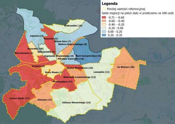 Mapa 2. Prezentacja przestrzenna wskaźnika: Saldo migracji na pobyt stały w przeliczeniu na 100 osób [2014 r.