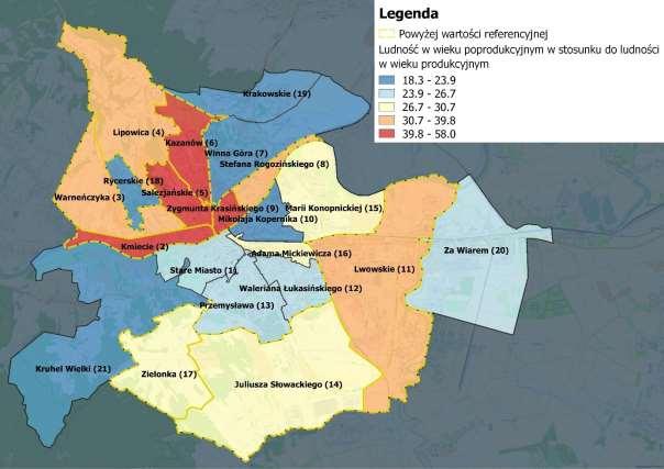 Mapa 3. Ludność w wieku poprodukcyjnym w stosunku do ludności w wieku produkcyjnym [2014 r.