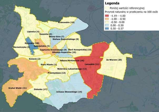 Mapa 4. Prezentacja przestrzenna wskaźnika: Przyrost naturalny w przeliczeniu na 100 osób [2014 r.