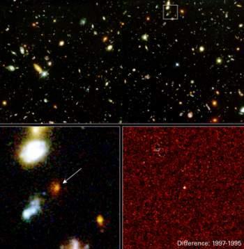 Superowa Trzy zdjęcia wykoae za pomocą HST ukazują: (u góry) Głębokie Pole Hubble'a z liczymi odległymi galaktykami; (u dołu z lewej) strzałka wskazuje galaktykę eliptyczą, w której wybuchła superowa