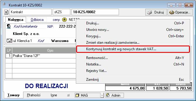 Ta sama operacja jest dostępna w menu kontekstowym dostępnym dla faktur wystawianych na podstawie zamówień obcych i własnych.