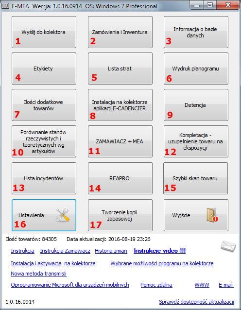 Opis podstawowych funkcji programu E-MEA W dolnej części okna, w obrębie białego panelu znajdują się przydatne skróty m.in.