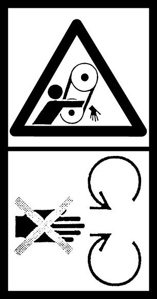 Znak informujący o konieczności zaznajomienia się z instrukcją obsługi (umieszczony na górnej płaszczyźnie korpusu kosiarki) Znak informujący o zagrożeniu mechanicznym wciągnięciu dłoni lub ręki