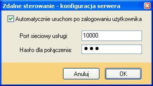 Na komputerach klienckich w polu adres zdalnego sterowania należy podać adres ip komputeraz serwera, port oraz hasło