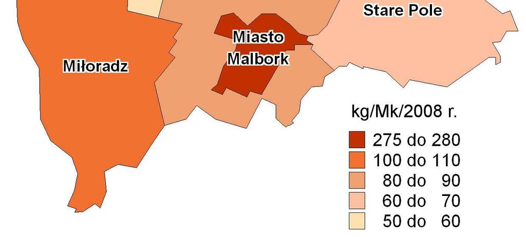 Zmieszane odpady komunalne (20 03 01) wg źródeł wytwarzania Ogółem ze źródeł Gospodarstwa domowe Firmy i instytucje [Mg] 1 [%] 2 [Mg] 3 [%] 4 [Mg] 5 [%] 6 Miasto Malbork 14 818,21 86,45 10 875,73