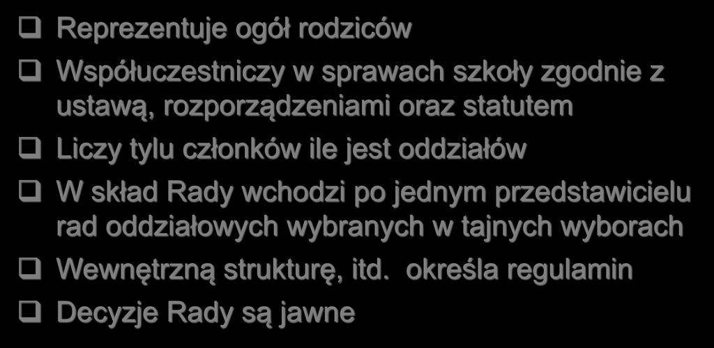 Rada rodziców w statucie Reprezentuje ogół rodziców Współuczestniczy w sprawach szkoły zgodnie z ustawą, rozporządzeniami oraz statutem Liczy tylu członków ile jest