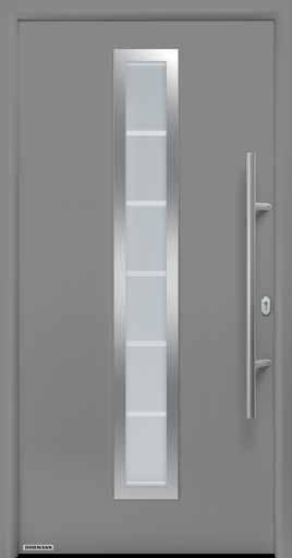THERMO65 Elegancka wizytówka domu 14 Wzór 700 Na ilustracji: kolor preferowany szare aluminium RAL 9007 Uchwyt HB 38-2 ze stali nierdzewnej na wypełnieniu stalowym, przeszklenie na całej wysokości