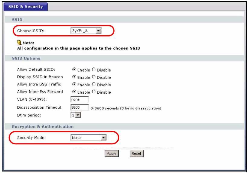 6 Kliknąć SSID & Security na dole ekranu WLAN Configuration albo w panelu nawigacyjnym. 7 Wybrać identyfikator SSID, dla którego mają zostać skonfigurowane zabezpieczenia.