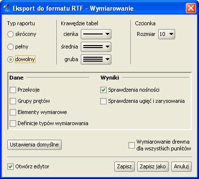Wymiarowanie zbiorcze Rys. 14.24 Eksport raportu do formatu RTF dla wymiarowania zbiorczego Struktura powyższego okna jest analogiczna jak w przypadku statyki.