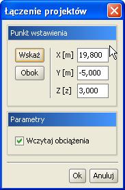 lub wpisanie współrzędnych punktu wstawienia dołączanego projektu. Opcja Obok pozwala na wstawienie dołączanego projektu bez zastanawiania poza gabarytami projektu istniejącego.