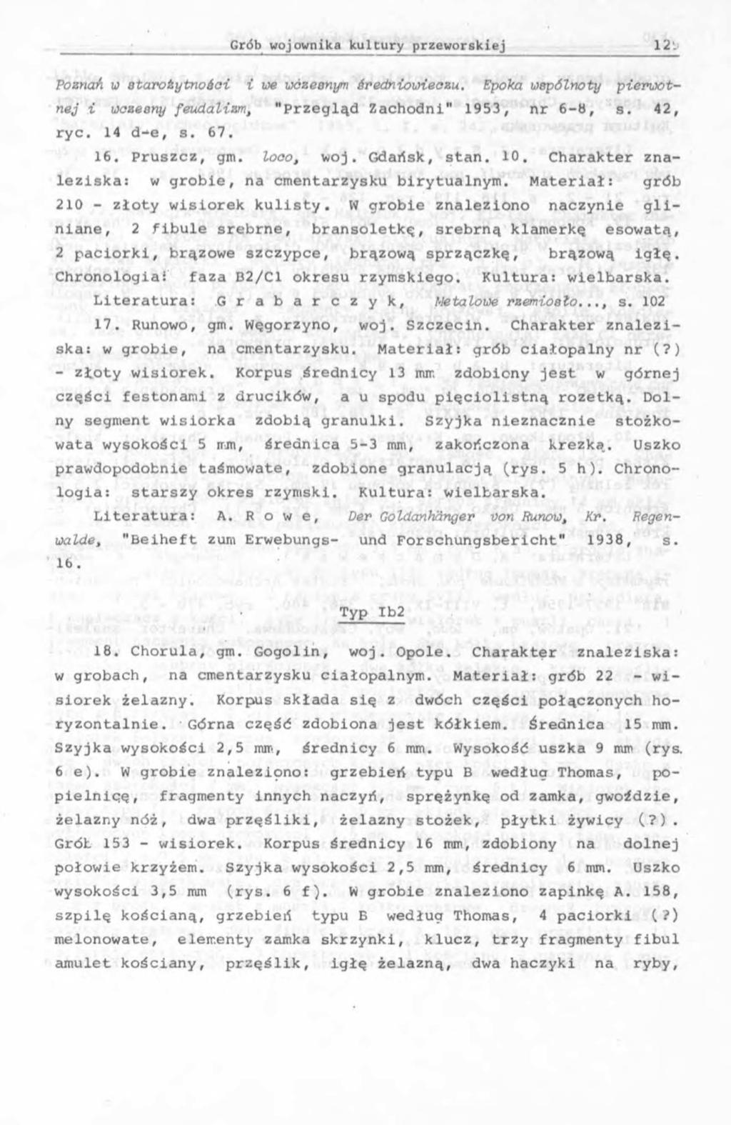 Poznań w starożytności i we wczesnym średniowieczu. Epoka wspólnoty pierwotnej i wczesny feudalism, "Przegląd Zachodni" 1953, nr 6-8, s. 42, ryc. 14 d-^e, s. 67. 16. Pruszcz, gm. looo, woj.