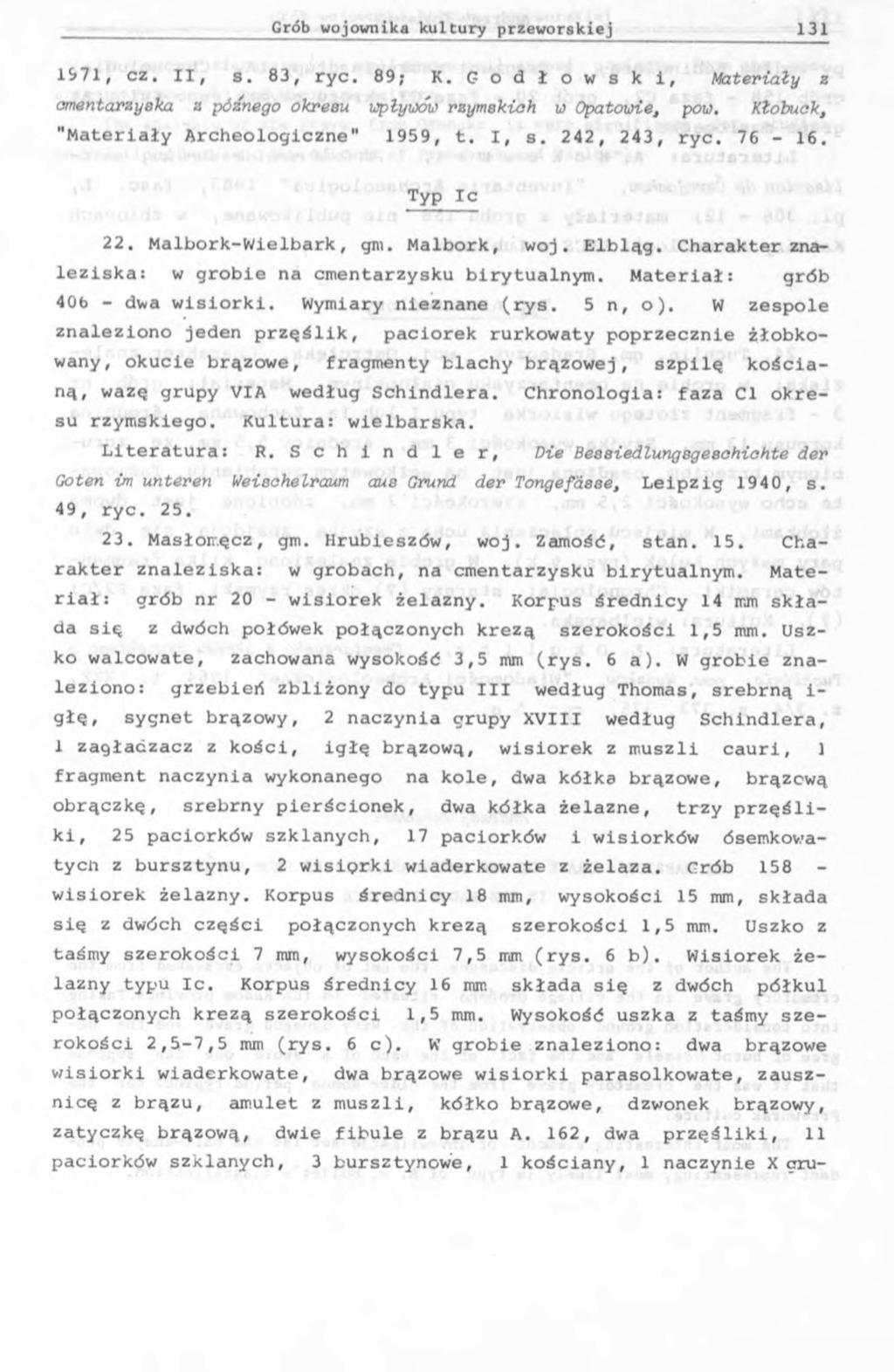 1971, cz. II, s. 83, ryc. 89; K. G o d ł o w s k i, Materiały в omentarayeka a późnego okresu upływów rzymskich w Opatowie, pow. Kłobuck, "Materiały Archeologiczne" 1959, t. I, s. 242, 243, ryc.