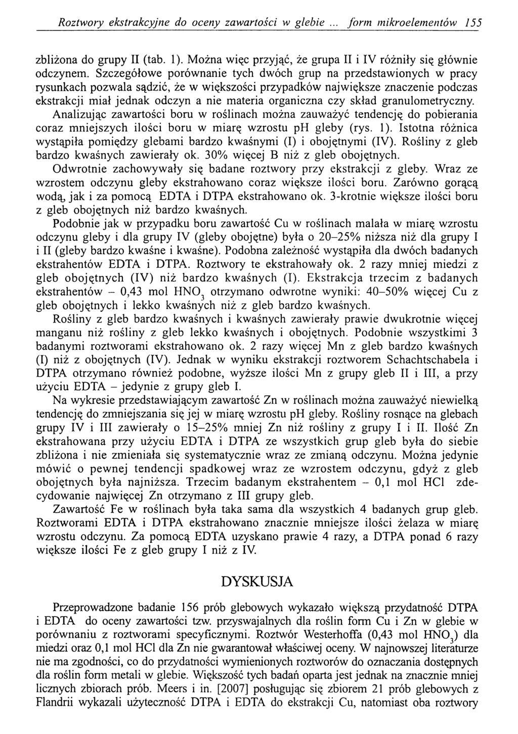 Roztwory ekstrakcyjne do oceny zawartości w glebie form mikroelementów 155 zbliżona do grupy II (tab. 1). Można więc przyjąć, że grupa II i IV różniły się głównie odczynem.