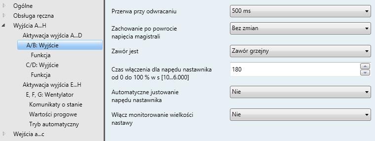 3.2.3.3 Okno parametrów A/B: Wyjście (Napęd nastawnika, silnikowy (3-punktowy)) To okno parametrów służy do wprowadzania wszystkich ustawień wyjścia A/B jako napędu nastawnika, silnikowego (3-punktowego).