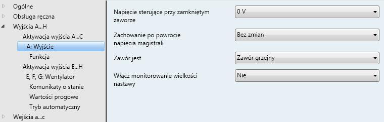 3.2.3.4 Okno parametrów A: Wyjście (Napęd nastawnika, analogowy (0 10 V) To okno parametrów służy do wprowadzania wszystkich ustawień dla Napędu nastawnika, analogowego (0 10 V).