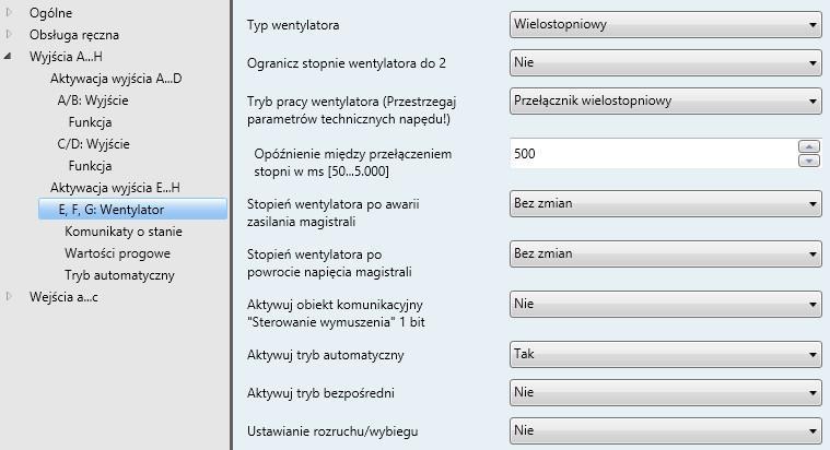 3.2.3.8 Okno parametrów E, F, G: Wentylator (wielostopniowy) To okno parametrów służy do wprowadzania wszystkich ustawień funkcji Wentylator wielostopniowy.