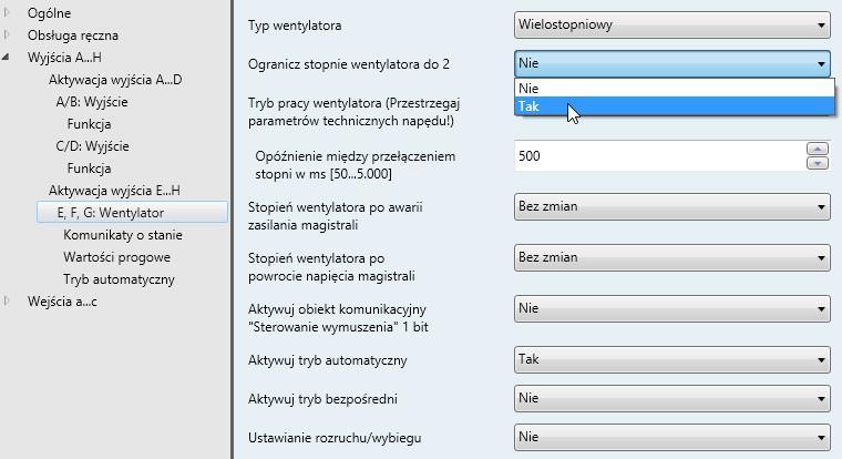 3.2.3.14 Okno parametrów E, F, G: Wentylator (dwustopniowy) To okno parametrów służy do wprowadzania wszystkich ustawień funkcji Wentylator dwustopniowy.