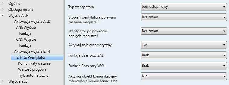 3.2.3.15 Okno parametrów E, F, G: Wentylator (jednostopniowy) To okno parametrów służy do wprowadzania wszystkich ustawień funkcji Wentylator jednostopniowy.