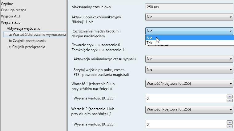 3.2.4.3.1 Parametr Rozróżnienie między krótkim i długim naciśnięciem Nie Jeżeli w parametrze Rozróżnienie między krótkim a długim naciśnięciem wybrana została opcja Nie, wyświetlane są następujące