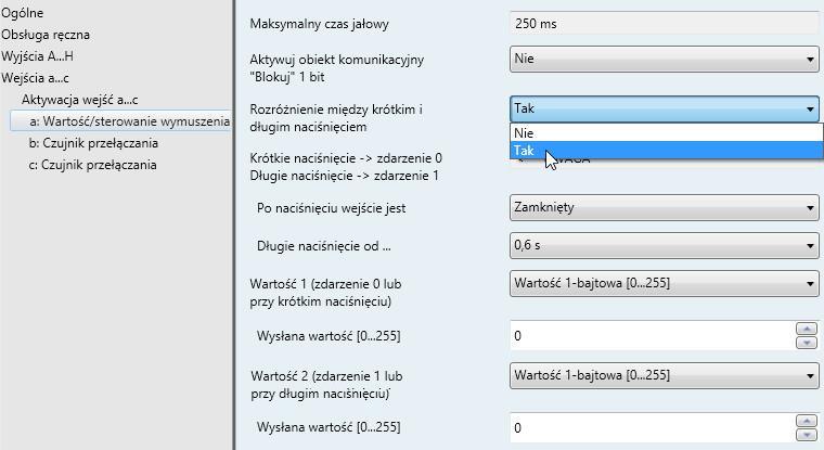 3.2.4.3.2 Parametr Rozróżnienie między krótkim i długim naciśnięciem Tak Jeżeli w parametrze Rozróżnienie między krótkim a długim naciśnięciem wybrana została opcja Tak, wyświetlane są następujące