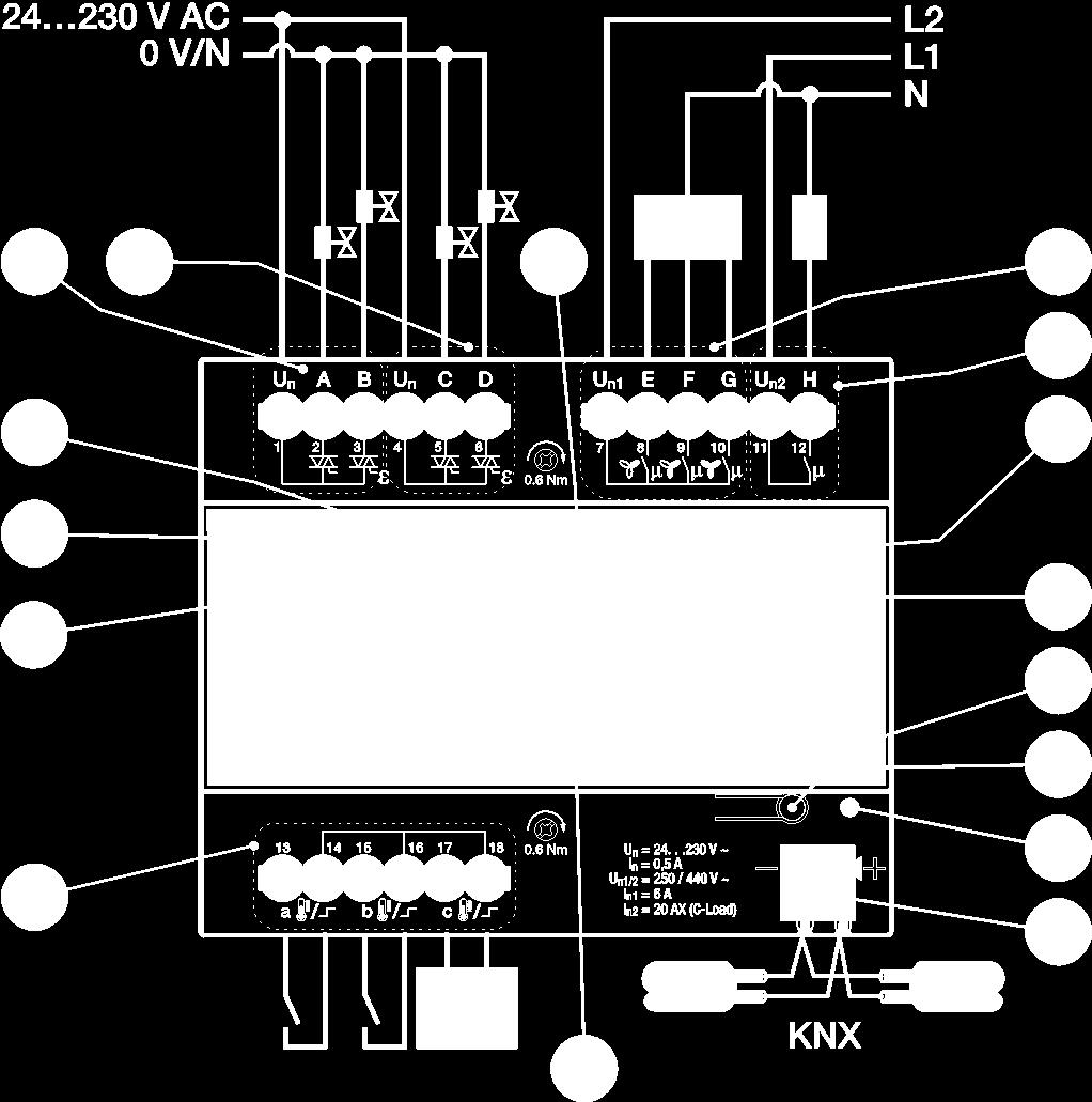 2CDC072015F0015 ABB i-bus KNX Technologia urządzenia 2.2.11 Schemat połączeń (termoelektryczne, PWM) FCA/S 1.1.2.2 1 Ramka mocująca tabliczki 9 Wyjście H 2 Przycisk Programowanie 10 3 Dioda LED