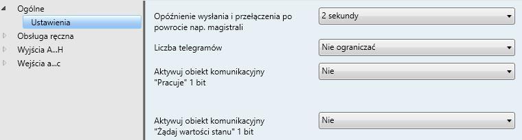 3.2.1 Okno parametrów Ogólne Ustawienia Ustawienia parametrów nadrzędnych: Opóźnienie wysłania i przełączenia po powrocie nap.