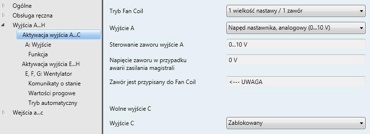 Okno parametrów Aktywacja wyjścia A D aktor Fan Coil, 0 10 V Wyjście A Zablokowany Napęd nastawnika, analogowy (0 10 V) Ten parametr określa indywidualny tryb pracy wyjścia.