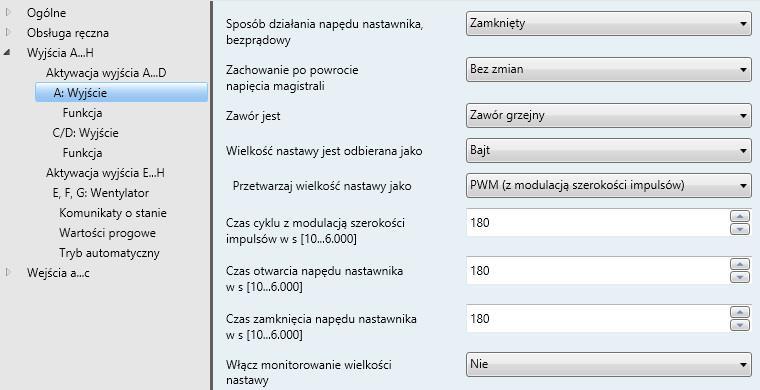 3.2.3.2 Okno parametrów A: Wyjście (Napęd nastawnika, termoelektryczny (PWM)) To okno parametrów służy do wprowadzania wszystkich ustawień wyjścia A/B jako napędu nastawnika, termoelektrycznego (PWM).