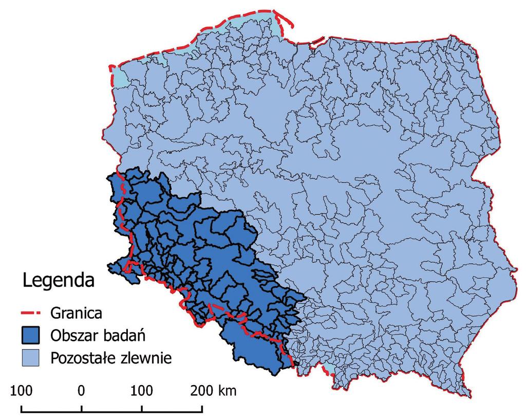 odpływ RZECZNY W ZLEWNI GÓRNEJ I ŚRODKOWEJ ODRY 319 Ryc. 1. Lokalizacja obszaru badań na tle Polski Fig. 1. Location of the study area in Poland 13,3 km 2 (Jedlica-Kowary) do 53 600 km 2 (Odra-Słubice).