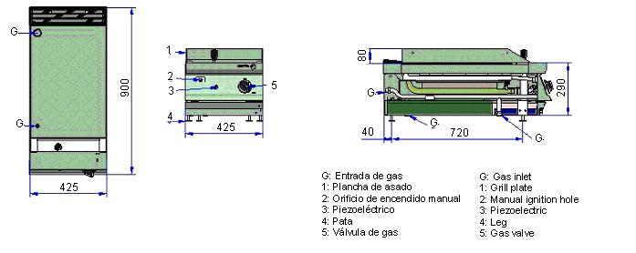 FTG9-05 L, FTG9-05 R, FTG/C9-05 L, FTG/C9-05 R, FTG9-05V L, FTG9-05V R G- przyłącze gazu ¾ 1- płyta do smażenia 2-