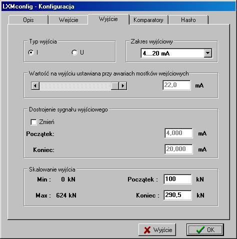 Strona: 10 Instrukcja obsługi programu LXMconfig v1.00 5.3. Zakładka 4 Parametry wyjścia. Zakładka Parametry wyjścia służy do konfiguracji parametrów wyjściowych przetwornika.