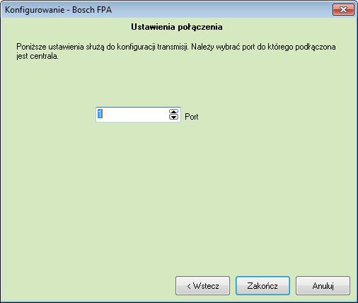 Port- numer portu COM komputera, do którego podłączona jest centrala Po ustawieniu parametrów potwierdzamy przyciskiem zakończ.