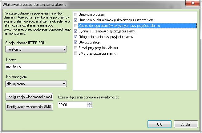 wybrać przycisk Właściwości. Pojawi się poniższe okno: Rys. 3. Właściwości zasad dostarczania alarmu Po odznaczeniu opcji Zapisz do logu alarmów ( ), wybrany alarm nie będzie rejestrowany w programie.
