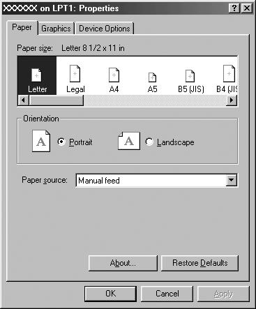2. Kliknij przycisk Printer (Drukarek), Setup (Ustawienia), Properties (Właściwości) lub Options (Opcje).