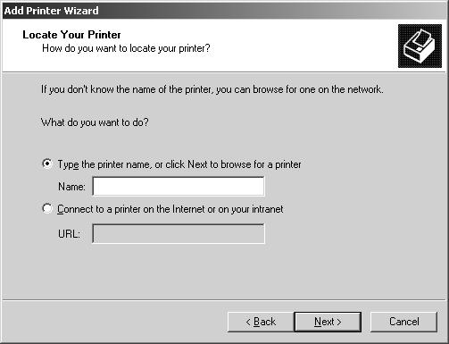3. Wybierz opcję Network printer (Drukarka sieciowa) (w systemie Windows 2000) lub A network printer, or a printer attached to another computer (Drukarka sieciowa lub drukarka podłączona do innego