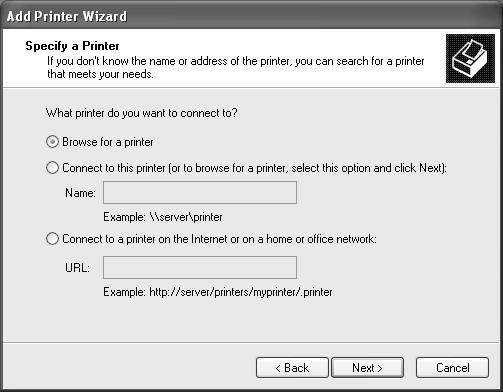 W systemie Windows 2000 wybierz opcję Type the printer name, or click Next to browse for a printer (Wpisz nazwę drukarki lub kliknij przycisk Dalej, aby przeglądać w poszukiwaniu drukarki), następnie