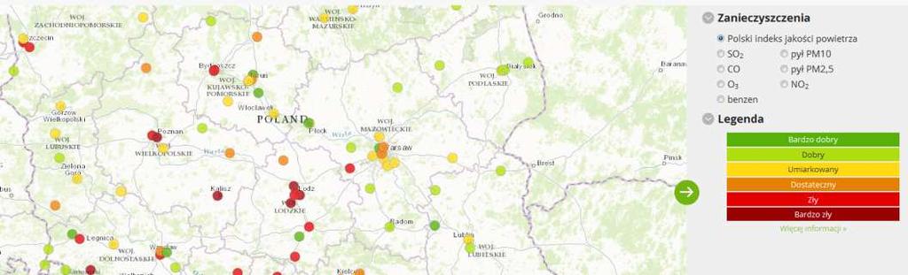 warszawa.pl dostępna jest mapa przedstawiająca stężenia substancji na stacjach pomiarowych.