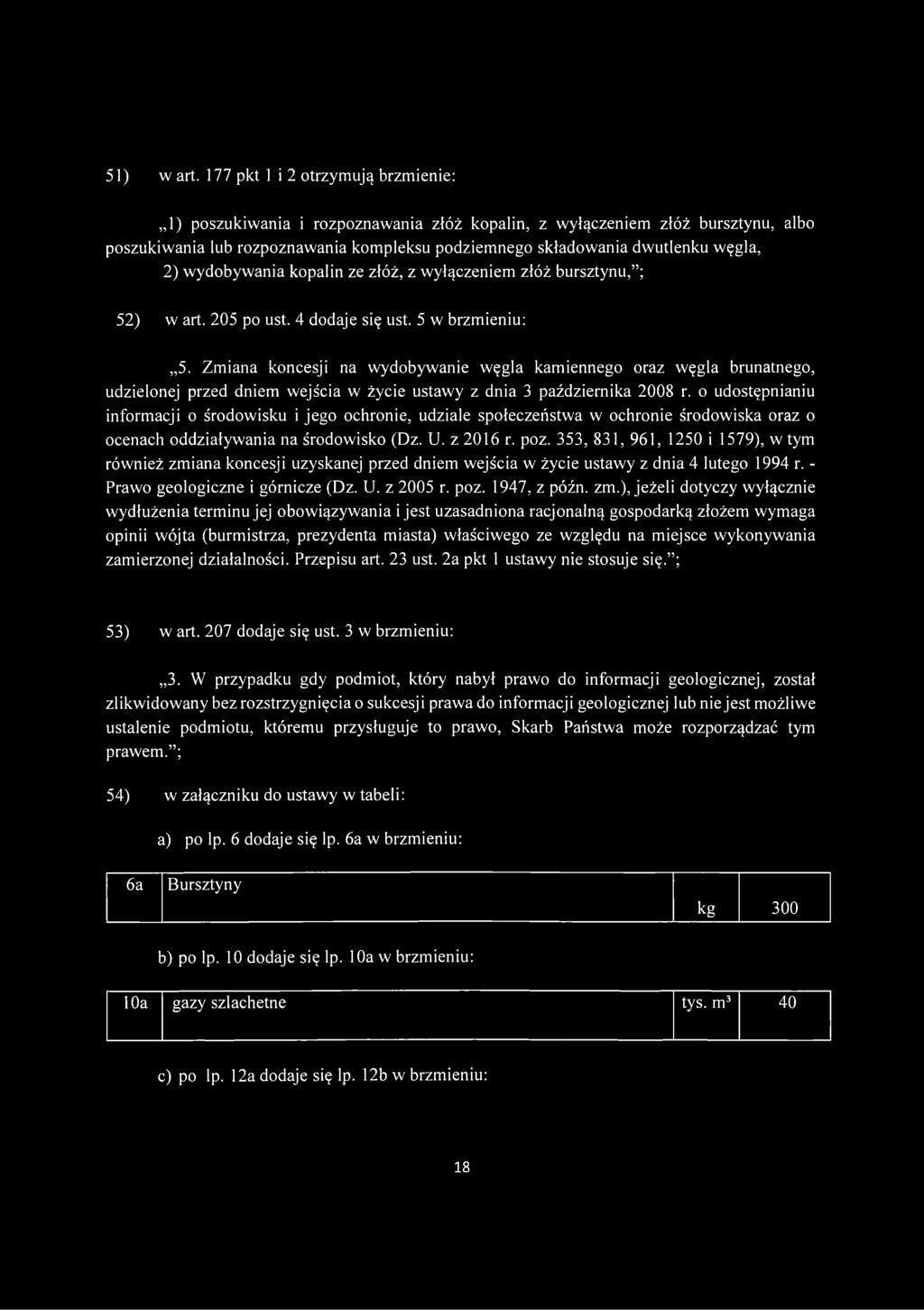 2) wydobywania kopalin ze złóż, z wyłączeniem złóż bursztynu, ; 52) w art. 205 po ust. 4 dodaje się ust. 5 w brzmieniu: 5.