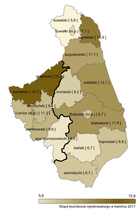 Zróżnicowanie terytorialne bezrobocia subregion łomżyński na tle woj. podlaskiego Stopa bezrobocia (IV 2017) woj.