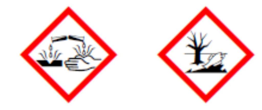 Klasyfikacja zgodnie z Rozporządzeniem (WE) 1272/2008 (CLP) Zagrożenia dla zdrowia: Działanie żrące na skórę Kat. 1A Niebezpieczeństwo (CLP: Skin Corr. 1A) Poważne uszkodzenie oczu Kat.