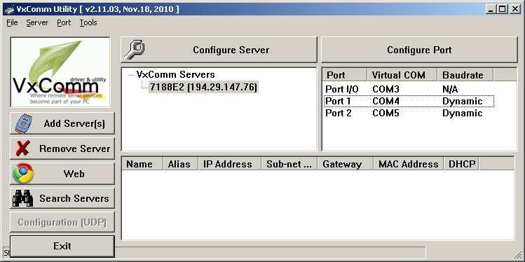 Z restartować sterownik poleceniem z menu Tools>Restart Driver Dodać kontroler przyciskiem Add Server(s) W nowym panel w miejscu IP Range Start wpisać adres IP kontrolera Com Port ustawić na 3