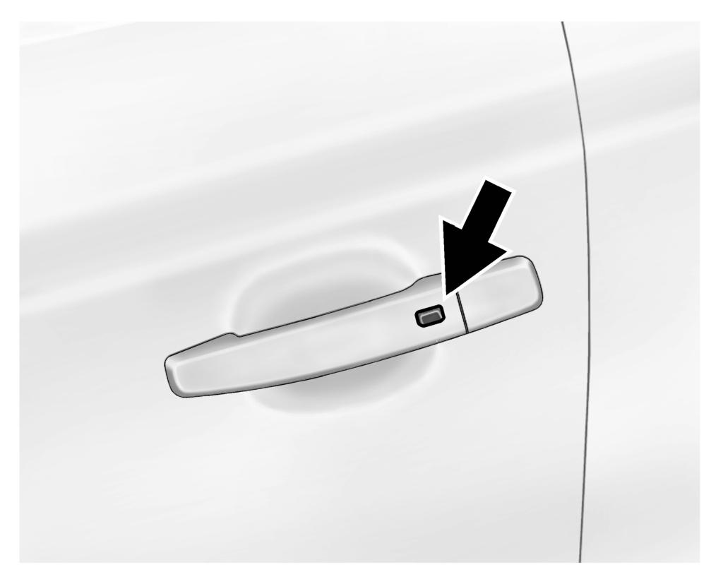 24 Kluczyki, drzwi i szyby Odblokowanie zamków Klamka drzwi kierowcy Aby odblokować drzwi z drzwi kierowcy, nacisnąć przycisk blokowania/odblokowania na klamce drzwi.