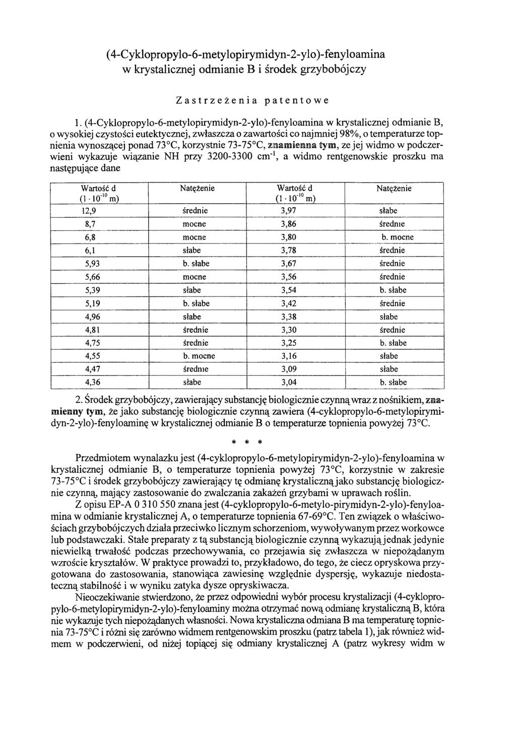 (4-Cyklopropylo-6-metylopirymidyn-2-ylo)-fenyloamina w krystalicznej odmianie B i środek grzybobójczy Zastrzeżenia patentowe 1.